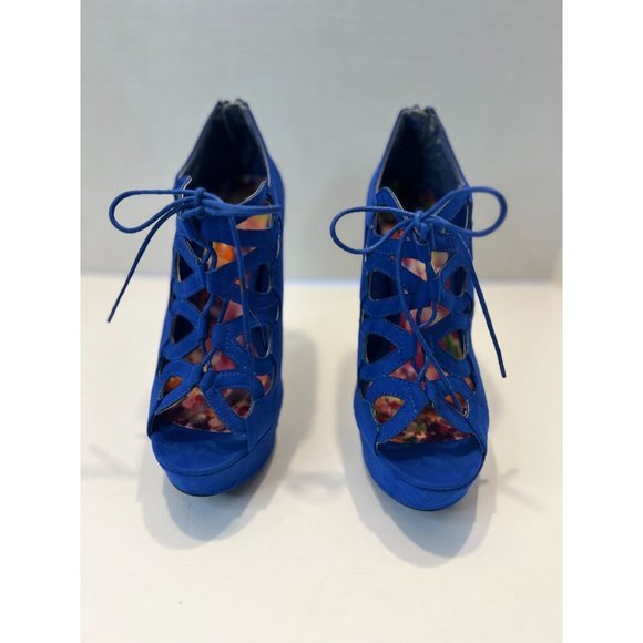 Qupid Platform Dazzling Cobalt Blue Suede Shoes - Picture 2 of 13